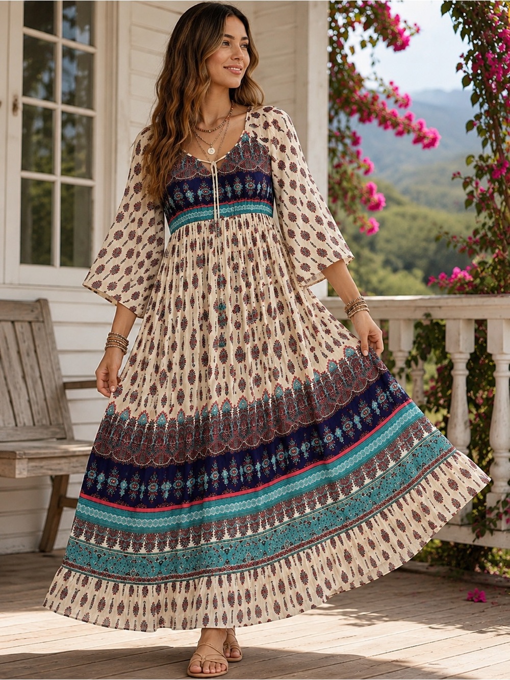 Boho Tiered Maxi Dress in Cream with Teal & Navy